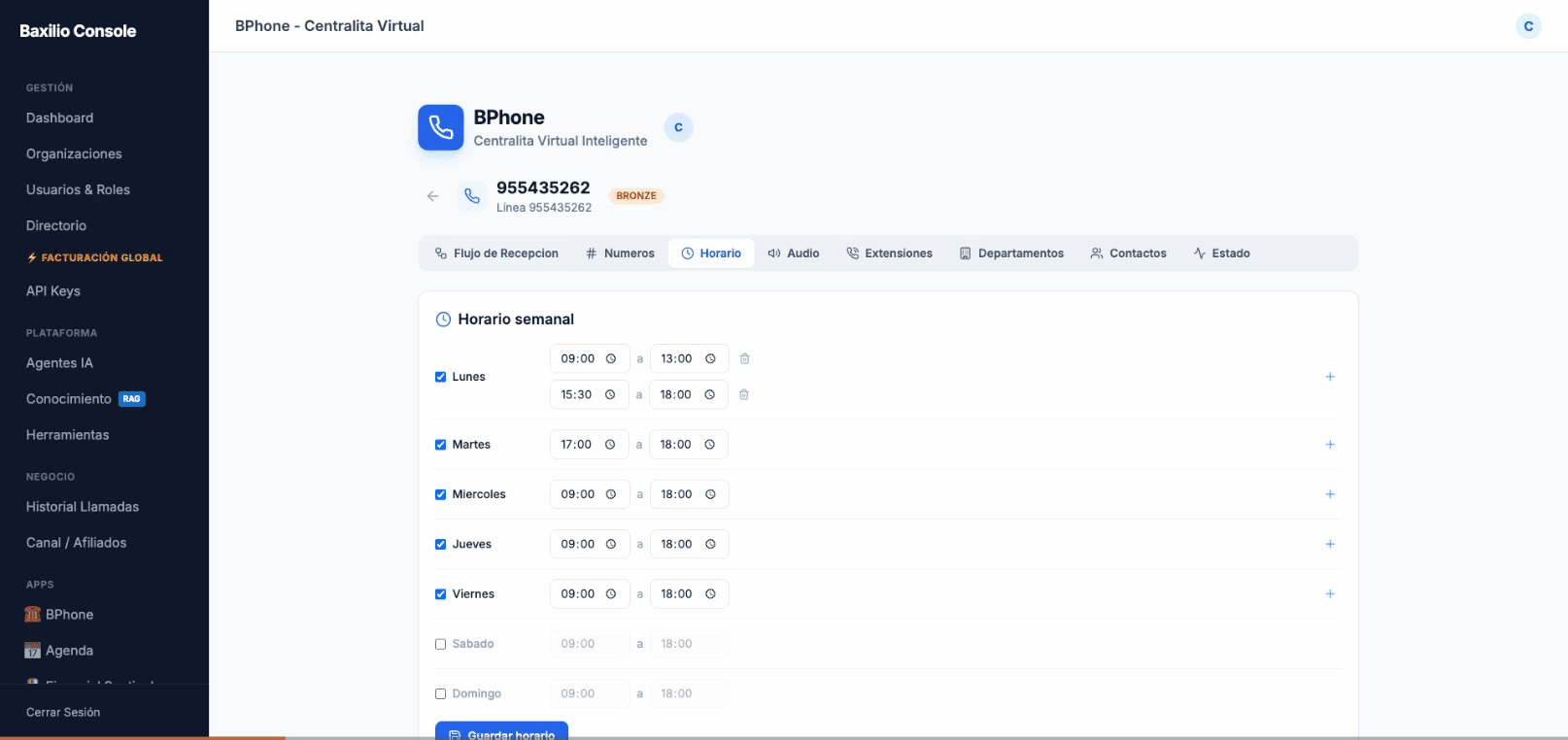 Configuración de horario semanal